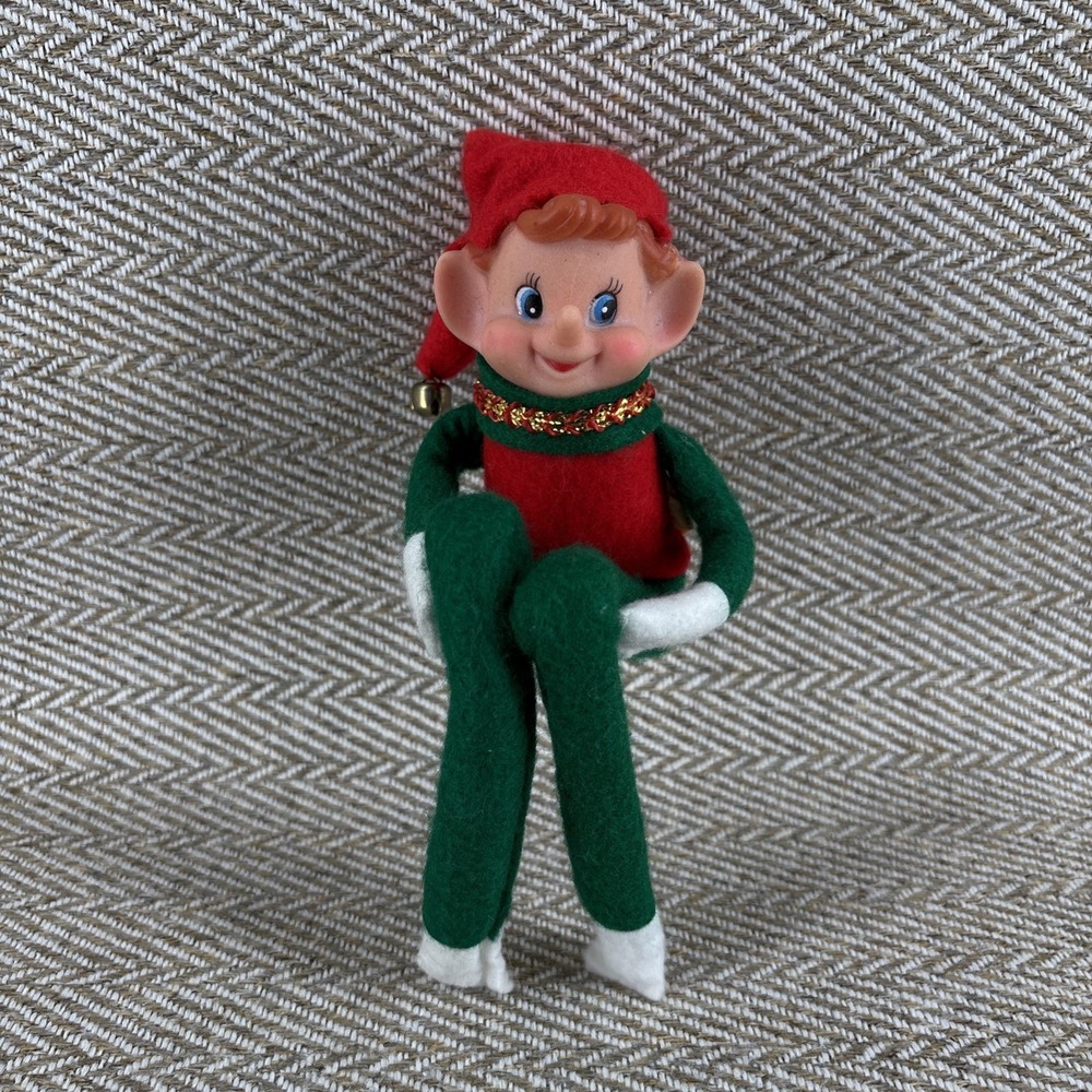 Vintage Knee Hugger Elf Felt Christmas Shelf Sitter Pixie Red Green